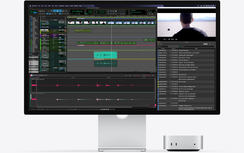 Mac mini 正面收納在 Studio Display 下方，Pro Tools 搭配 Auto-Align Post 2 外掛模組在 macOS 環境中執行
