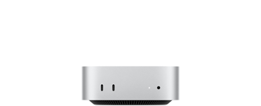 銀色 Mac mini 的正面，展示兩個 Thunderbolt 埠、狀態指示燈與耳機插孔，底端收窄的黑色底座設計、平坦的頂端、圓角側邊與平直的機身邊緣