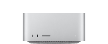 銀色 Mac Studio 的正面，展示兩個 USB-C 埠、SDXC 卡插槽、狀態指示燈，底端收窄的底座設計、平坦的頂端、圓角側邊與平直的機身邊緣
