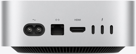 Mac mini 的背面，展示電源插孔、乙太網路埠、HDMI 埠、三個 Thunderbolt 埠