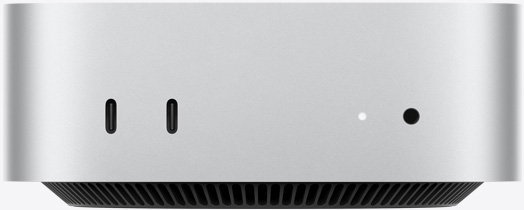 銀色 Mac mini 的正面，展示兩個 Thunderbolt 埠、狀態指示燈與耳機插孔，底端收窄的黑色底座設計、平坦的頂端、圓角側邊與平直的機身邊緣