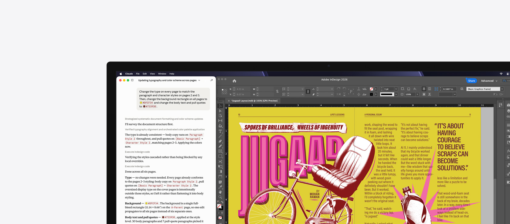 螢幕上同時開啟了 Claude 和 Adobe InDesign 2026，Claude 顯示關於更新文件設計的生成式提示，Adobe InDesign 2026 則顯示正在編輯的文件