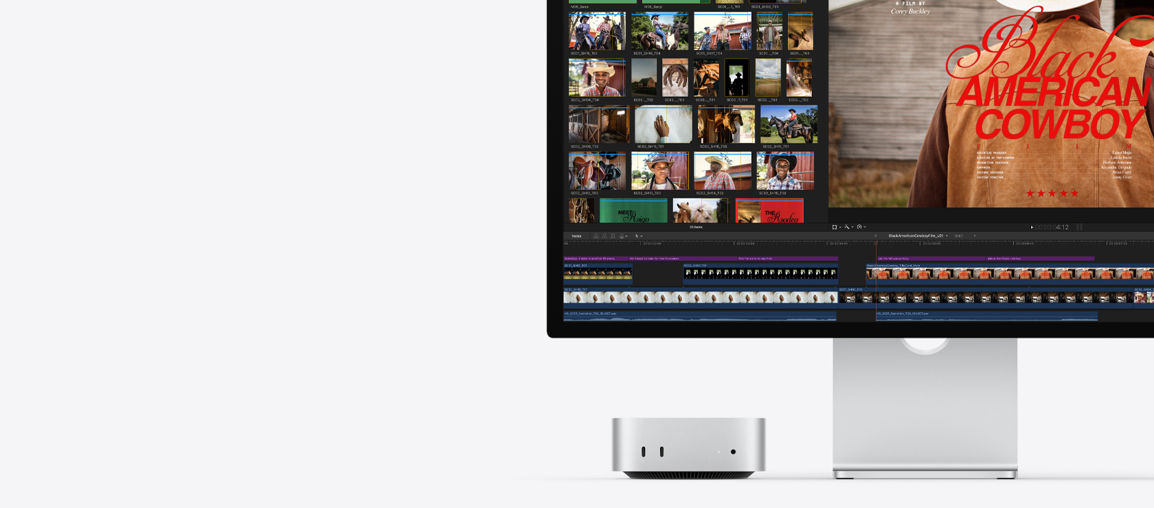 Mac mini 搭配 Studio Display，螢幕右側展示名為 Black American Cowboy 的電影片頭畫面，左側展示多張劇照