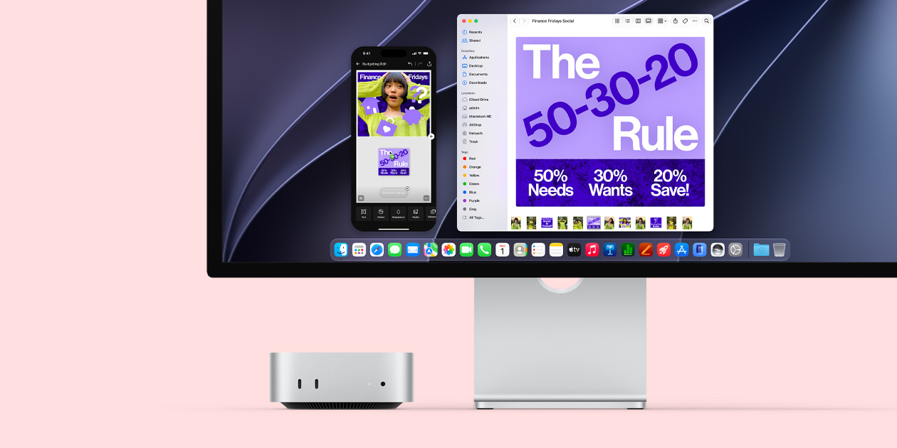 Mac mini 正面收納在 Studio Display 下方，顯示器螢幕展示 iPhone 鏡像輸出關於「財務星期五」主題的社群媒體貼文