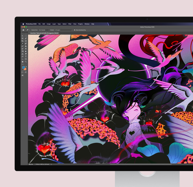 Studio Display 螢幕顯示 Adobe Photoshop 編輯軟體與抽象藝術作品
