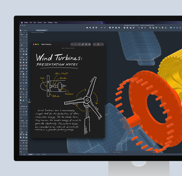 Studio Display 展示打開的 Autodesk AutoCAD 軟體，螢幕上顯示 STEM 工作，旁邊是備忘錄 app