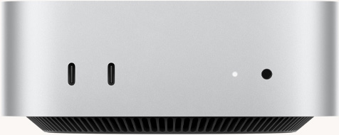 銀色 Mac mini 的正面，展示兩個 Thunderbolt 埠、狀態指示燈與耳機插孔，底端收窄的黑色底座設計、平坦的頂端、圓角側邊與平直的機身邊緣