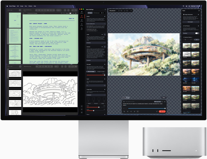 Studio Display XDR 螢幕顯示 Draw Things、Pages 與 Keynote 中的建築繪圖，位於顯示器下方的 Mac Studio，展示機身正面