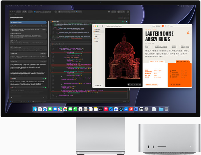 Studio Display XDR 螢幕顯示 XCode 中 Claude Agent 正在處理的文件，位於顯示器下方的 Mac Studio，展示機身正面