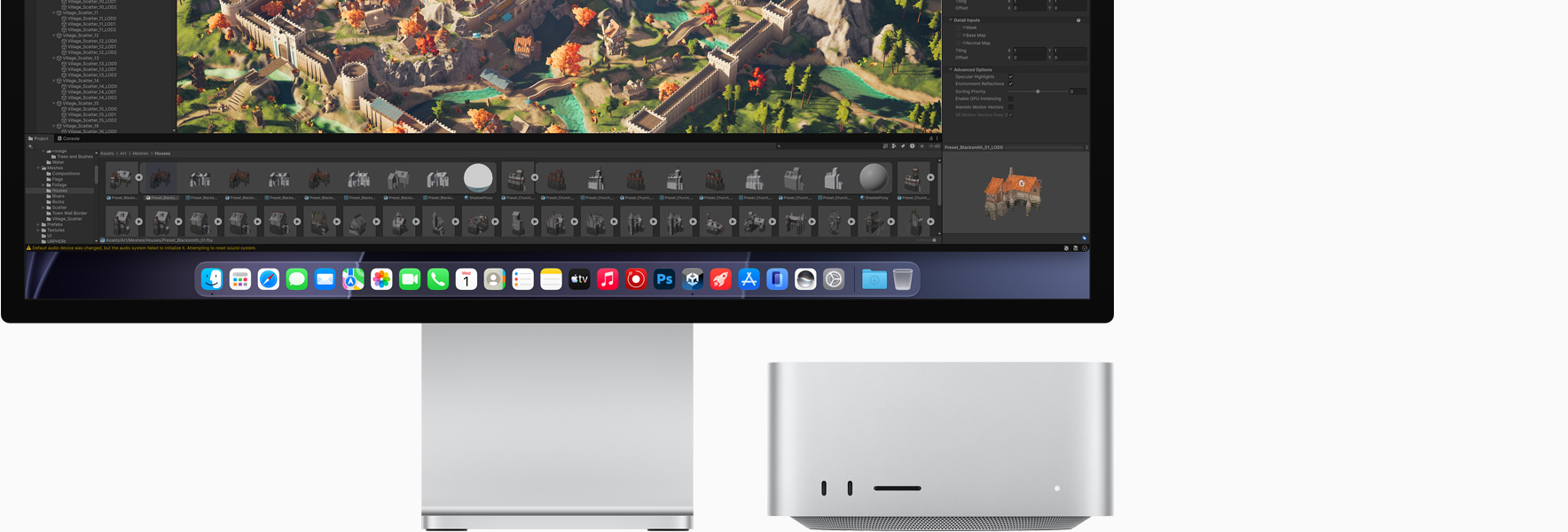 Studio Display XDR 螢幕顯示 Unity Editor，位於顯示器下方的 Mac Studio，展示機身正面