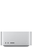 銀色 Mac Studio 的正面，展示兩個 USB-C 埠、SDXC 卡插槽、狀態指示燈，底端收窄的底座設計、平坦的頂端、圓角側邊與平直的機身邊緣