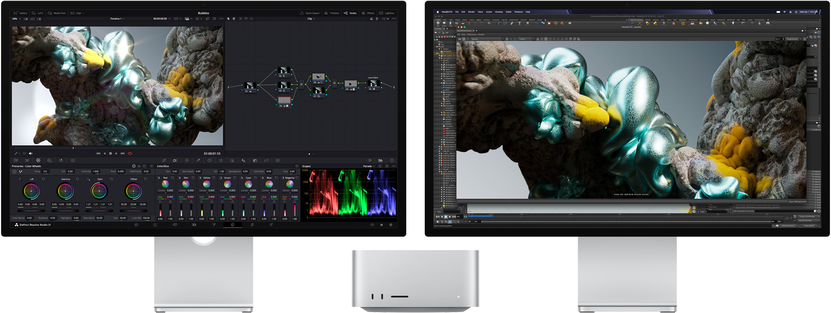 Un Studio Display affichant DaVinci Resolve Studio avec une image multicolore abstraite agrandie; à côté, un Studio Display XDR affichant Houdini et Maxon Redshift avec la même image