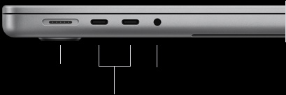 MacBook Pro 14 inch với M5, đã đóng, mặt bên trái, hiển thị cổng MagSafe 3, hai cổng Thunderbolt 4, và jack cắm tai nghe