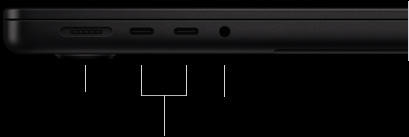 MacBook Pro 14 inch với M5 Pro hoặc M5 Max, đã đóng, mặt bên trái, hiển thị cổng MagSafe 3, hai cổng Thunderbolt 5, và jack cắm tai nghe