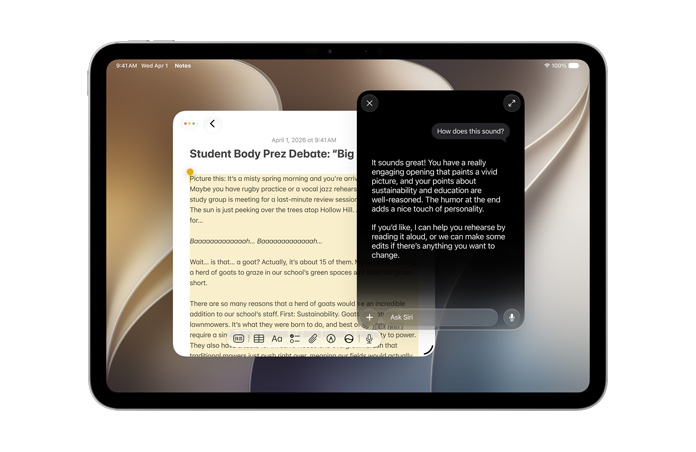 iPad Pro 11 pouces, argent, écran affichant l’app Notes avec du texte, requête à Siri A I pour créer du contenu