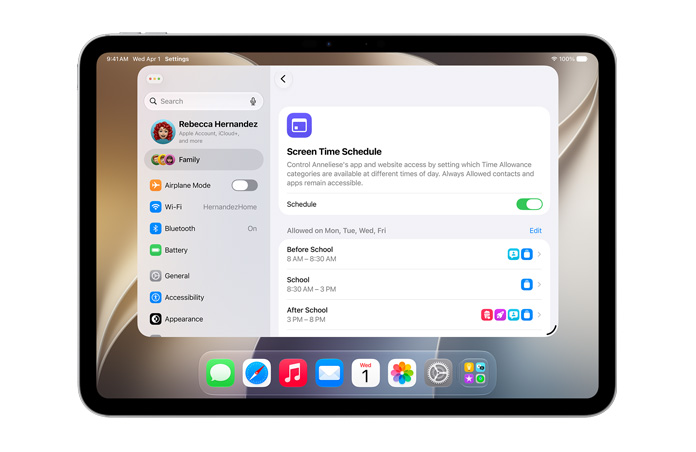 iPad Pro 11 pouces, argent, l’écran affiche les réglages Temps alloué et Horaire de Temps d’écran, qui permettent de définir des catégories multimédias et des limites de temps pour les enfants