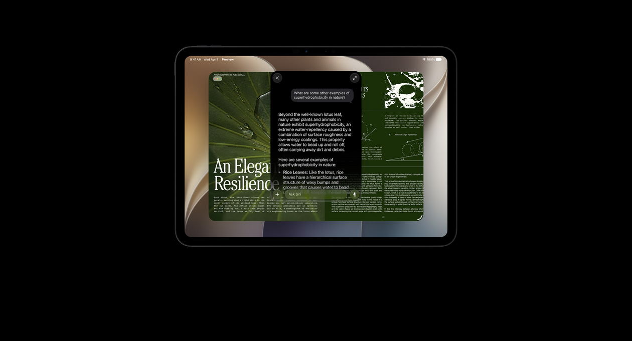 iPad Pro 11 pouces, noir infini, l’écran affiche le résultat d’une requête à Siri A I sur un sujet, par-dessus s’affiche une requête à Siri A I sur l’information obtenue, la réponse de Siri apparaît