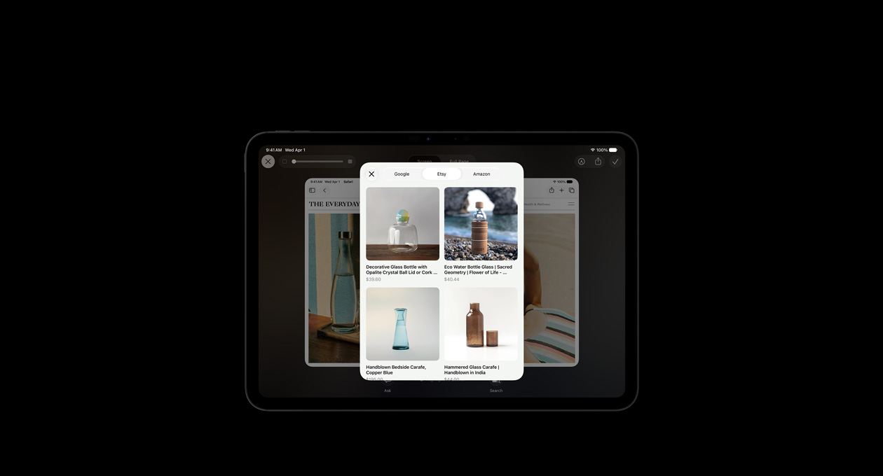 iPad Pro 11 pouces, noir infini, écran affichant une image de produits en réponse à une requête à l’intelligence visuelle sur les bouteilles de verre, boutons Demander et Recherche d’images sous les images