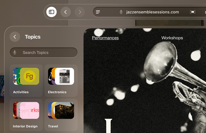 Apple Vision Pro avec Safari ouvert, Liste de lecture groupée par sujets visible