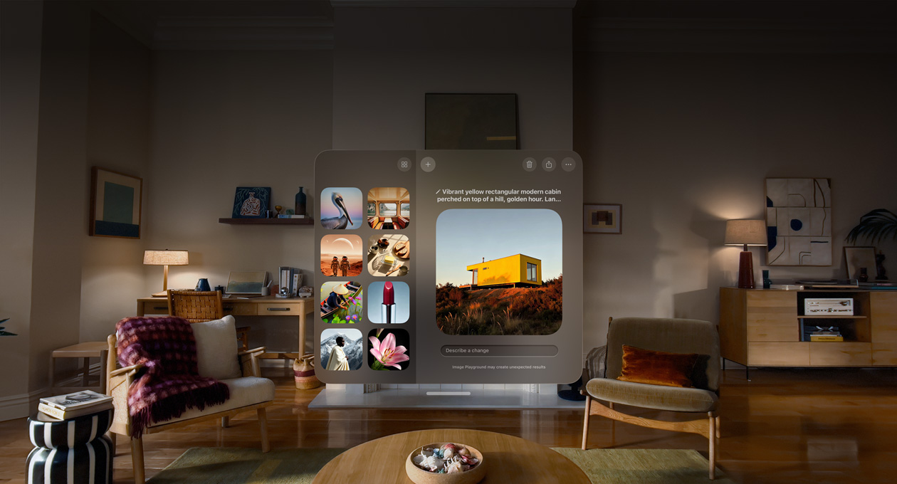 Vue de l’Apple Vision Pro d’Image Playground en cours d’utilisation, image d’un chalet jaune au sommet d’une colline en cours de modification, invite sous l’image demandant de décrire une modification