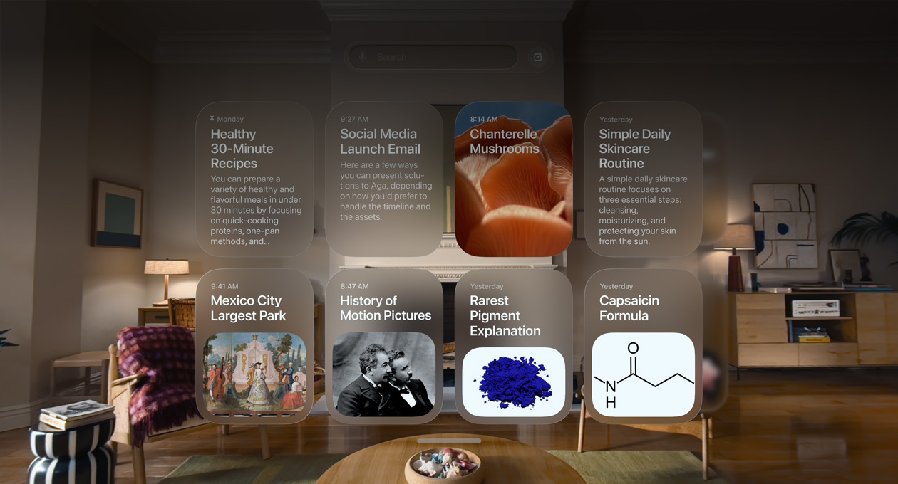 Vue de l’Apple Vision Pro d’une conversation avec Siri, avec une requête et une réponse détaillée accompagnée d’une image et de texte