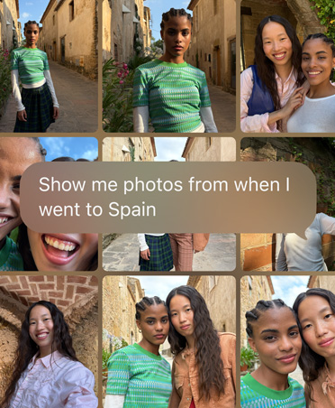 Collage de photos d’un voyage, présentant plusieurs personnes dans différents lieux. Texte superposé : Montre-moi des photos de mon dernier voyage en Espagne