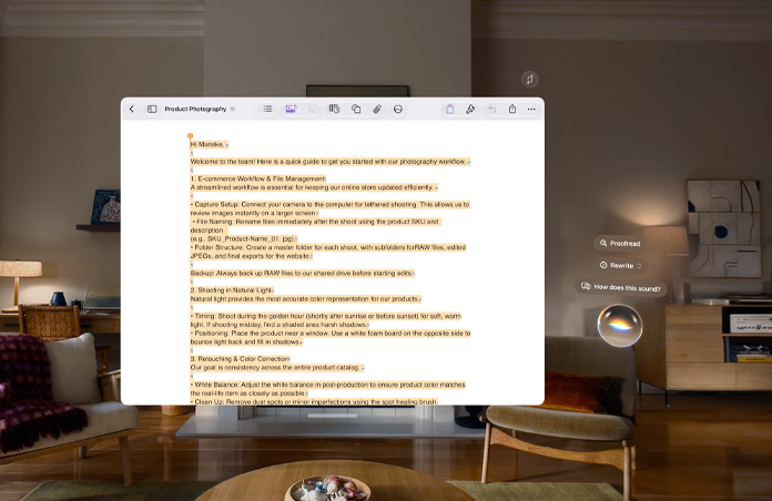Vue de l’Apple Vision Pro, un document sur les pratiques photographiques est ouvert et des suggestions de Siri flottent sur le côté, notamment Corriger, Réécrire et Qu’en pensez-vous ?