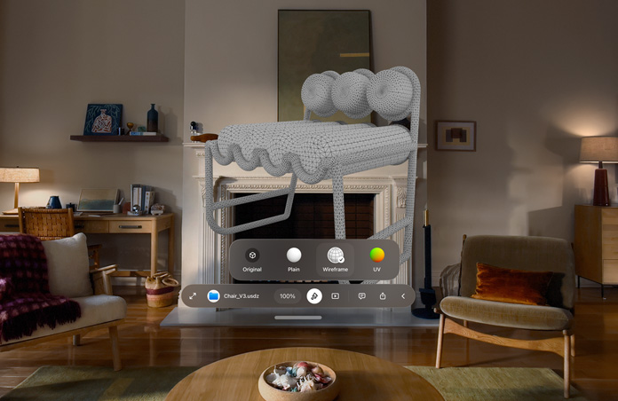 Vue d’un Apple Vision Pro montrant une fenêtre de notification Coup d’œil pour un fichier USDZ représentant une chaise, avec une maquette de chaise visible derrière la fenêtre