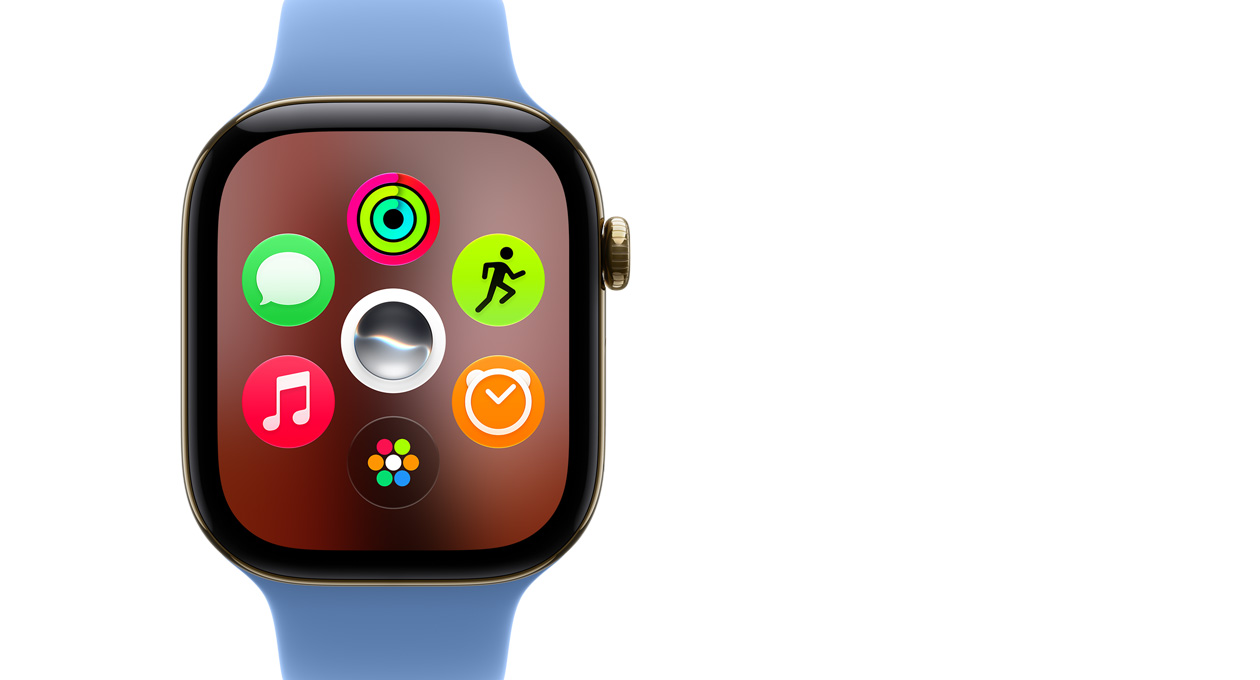 ラディアントゴールドチタニウムケースのApple Watch Series 12。画面にダイナミックなアプリグリッドが表示されている