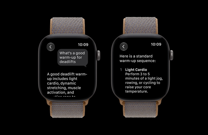 ナチュラルチタニウムケースのApple Watch Series 12。トレーニングについてSiri AIと会話している様子が表示されている