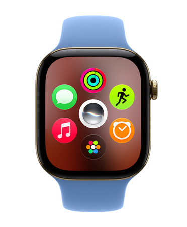 ラディアントゴールドチタニウムケースのApple Watch Series 12。画面にダイナミックなアプリグリッドレイアウトが表示されている
